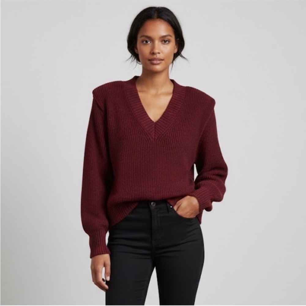 Pistola Camille Strong Shoulder Ribbed VNeck Sweater burgundy merlot Sz S NEW